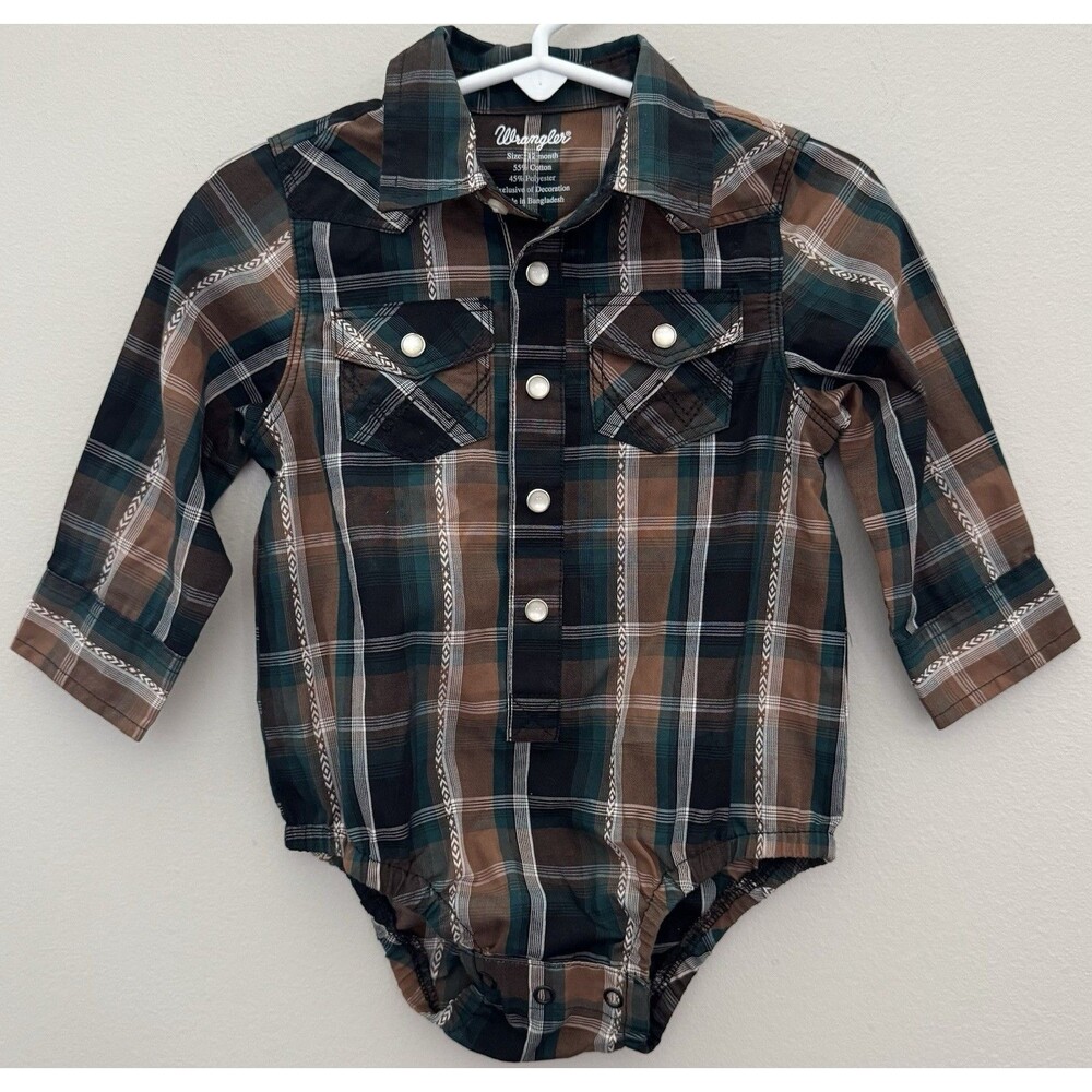 WRANGLER Brown/Green/Black Plaid Western Cowboy Pearl Snap Long Sleeve 12 Month